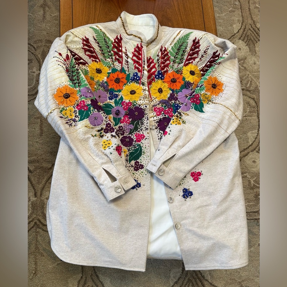 Embroidered and sequined wildflower sweater jacket in linen color. Handmade